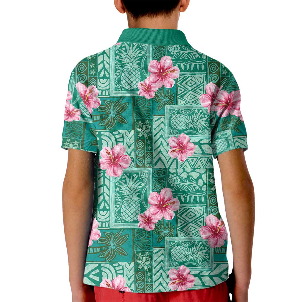 Cyan Hawaii Hibiscus With Tropical Flowers Motifs Kid Polo Shirt - Polynesian Pride