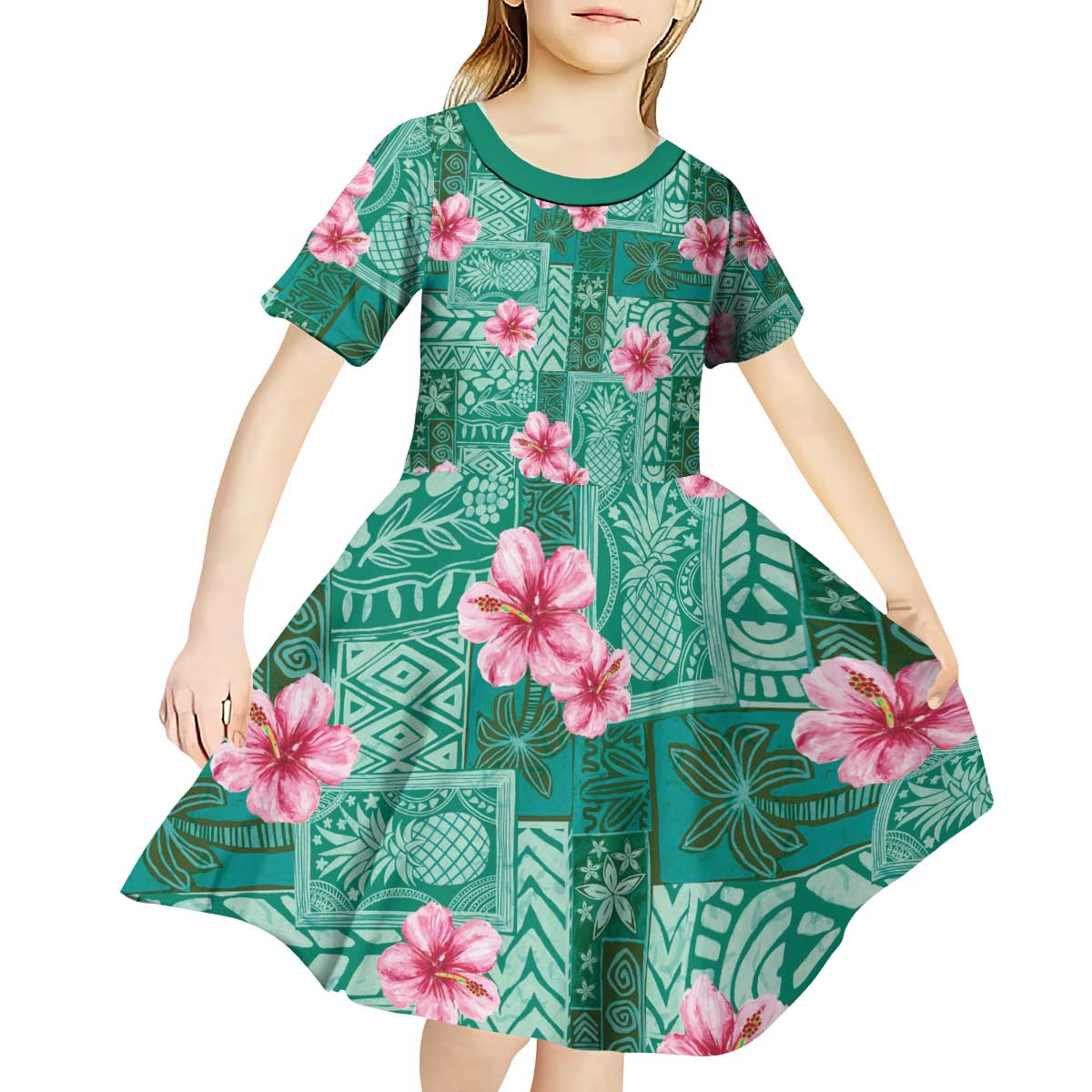 Cyan Hawaii Hibiscus With Tropical Flowers Motifs Kid Short Sleeve Dress - Polynesian Pride