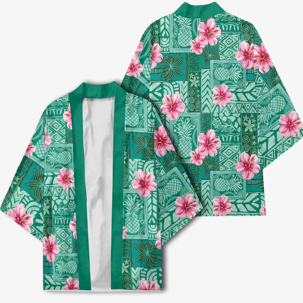 Cyan Hawaii Hibiscus With Tropical Flowers Motifs Kimono - Polynesian Pride
