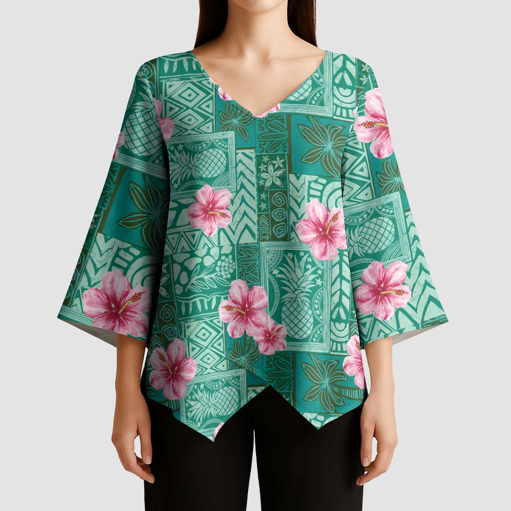 Cyan Hawaii Hibiscus With Tropical Flowers Motifs Kimono Sleeve Blouse - Polynesian Pride