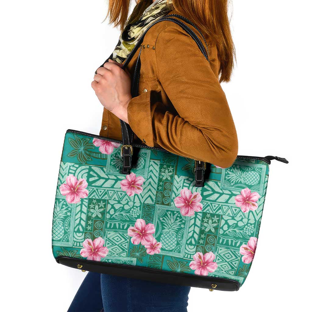 Cyan Hawaii Hibiscus With Tropical Flowers Motifs Leather Tote Bag - Polynesian Pride