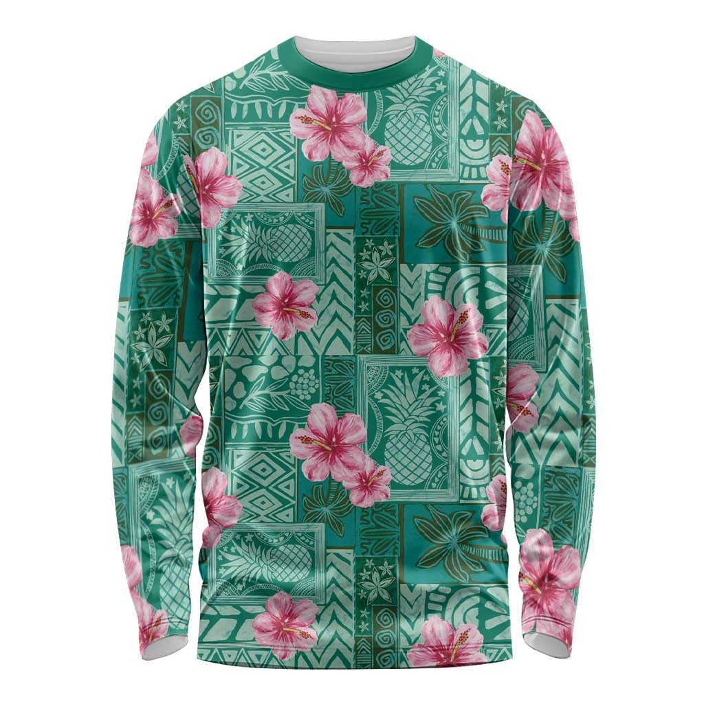 Cyan Hawaii Hibiscus With Tropical Flowers Motifs Long Sleeve Shirt - Polynesian Pride