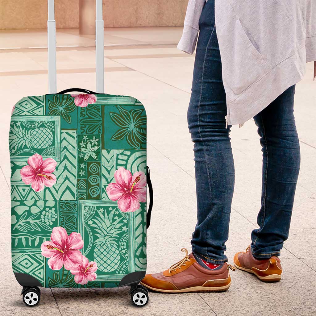 Cyan Hawaii Hibiscus With Tropical Flowers Motifs Luggage Cover - Polynesian Pride