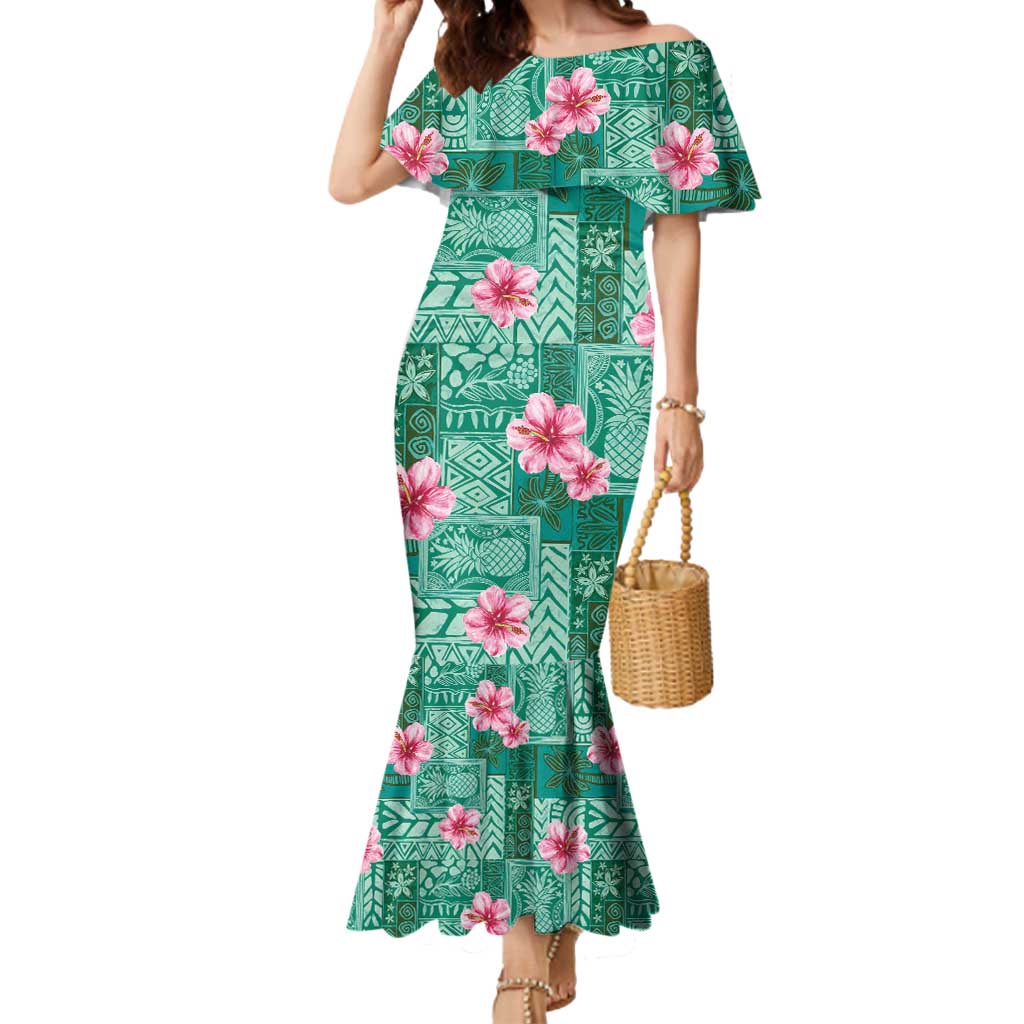 Cyan Hawaii Hibiscus With Tropical Flowers Motifs Mermaid Dress - Polynesian Pride