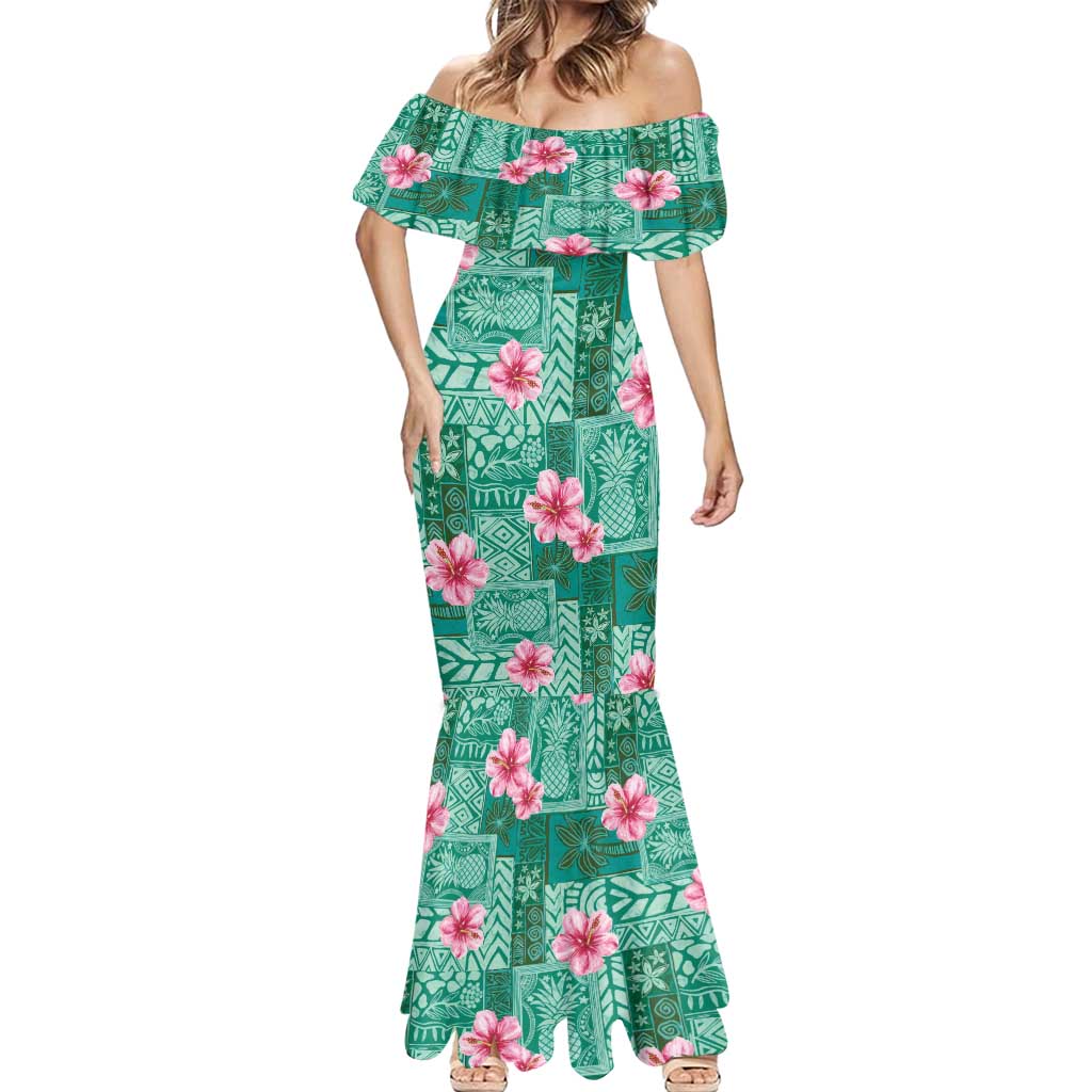 Cyan Hawaii Hibiscus With Tropical Flowers Motifs Mermaid Dress - Polynesian Pride