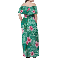 Cyan Hawaii Hibiscus With Tropical Flowers Motifs Off Shoulder Maxi Dress - Polynesian Pride