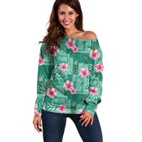 Cyan Hawaii Hibiscus With Tropical Flowers Motifs Off Shoulder Sweater - Polynesian Pride