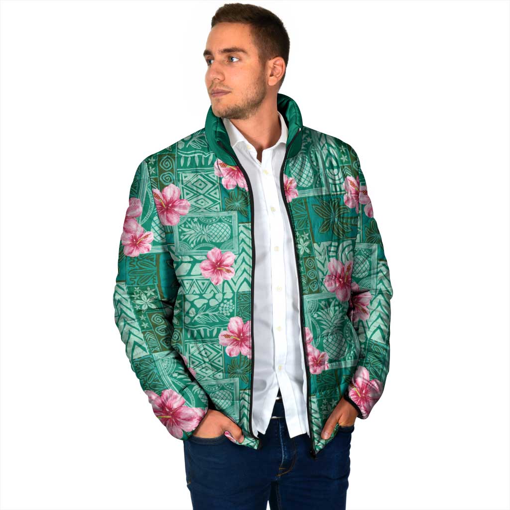 Cyan Hawaii Hibiscus With Tropical Flowers Motifs Padded Jacket - Polynesian Pride