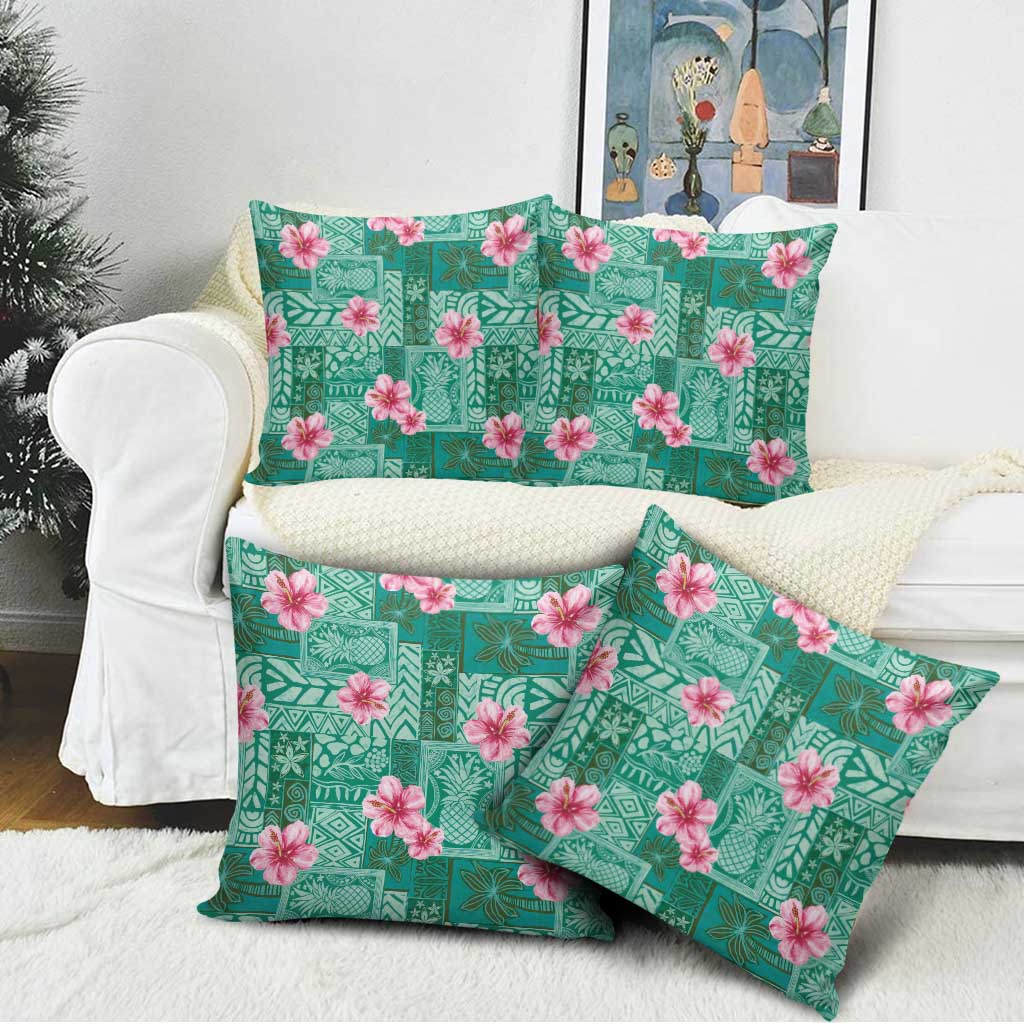 Cyan Hawaii Hibiscus With Tropical Flowers Motifs Pillow Cover - Polynesian Pride