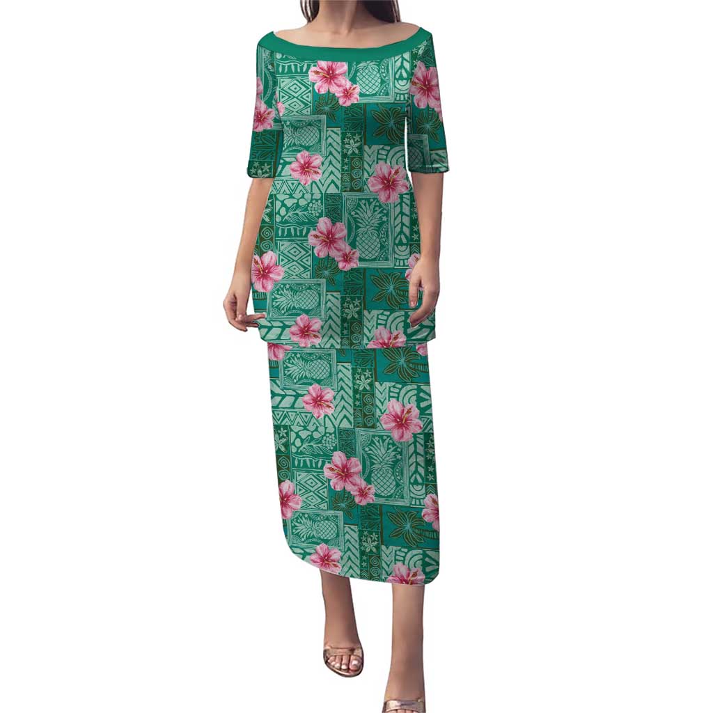 Cyan Hawaii Hibiscus With Tropical Flowers Motifs Puletasi - Polynesian Pride