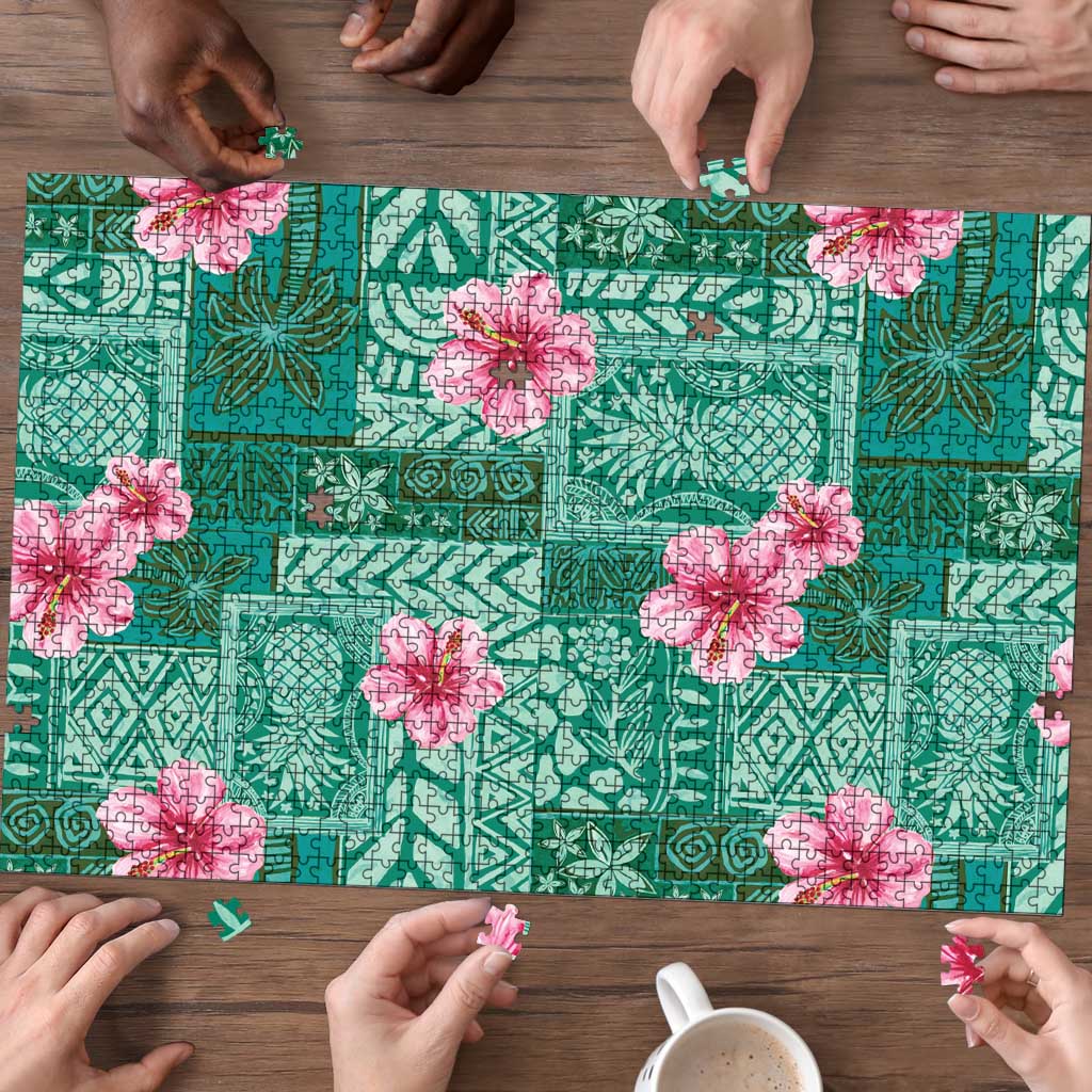 Cyan Hawaii Hibiscus With Tropical Flowers Motifs Puzzle - Polynesian Pride