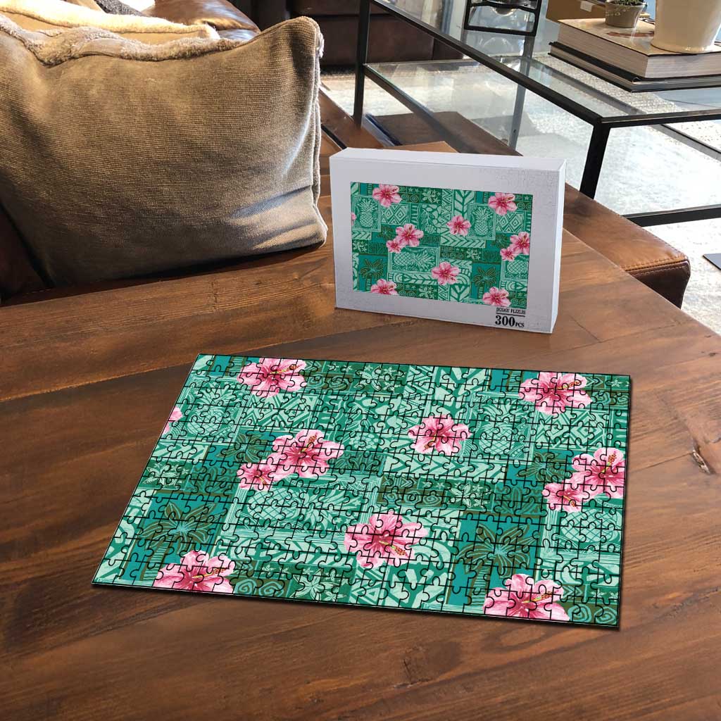 Cyan Hawaii Hibiscus With Tropical Flowers Motifs Puzzle - Polynesian Pride