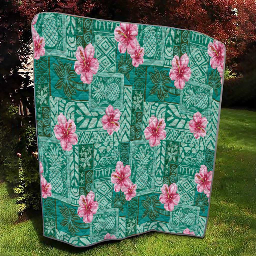 Cyan Hawaii Hibiscus With Tropical Flowers Motifs Quilt - Polynesian Pride