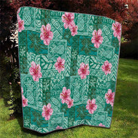 Cyan Hawaii Hibiscus With Tropical Flowers Motifs Quilt - Polynesian Pride