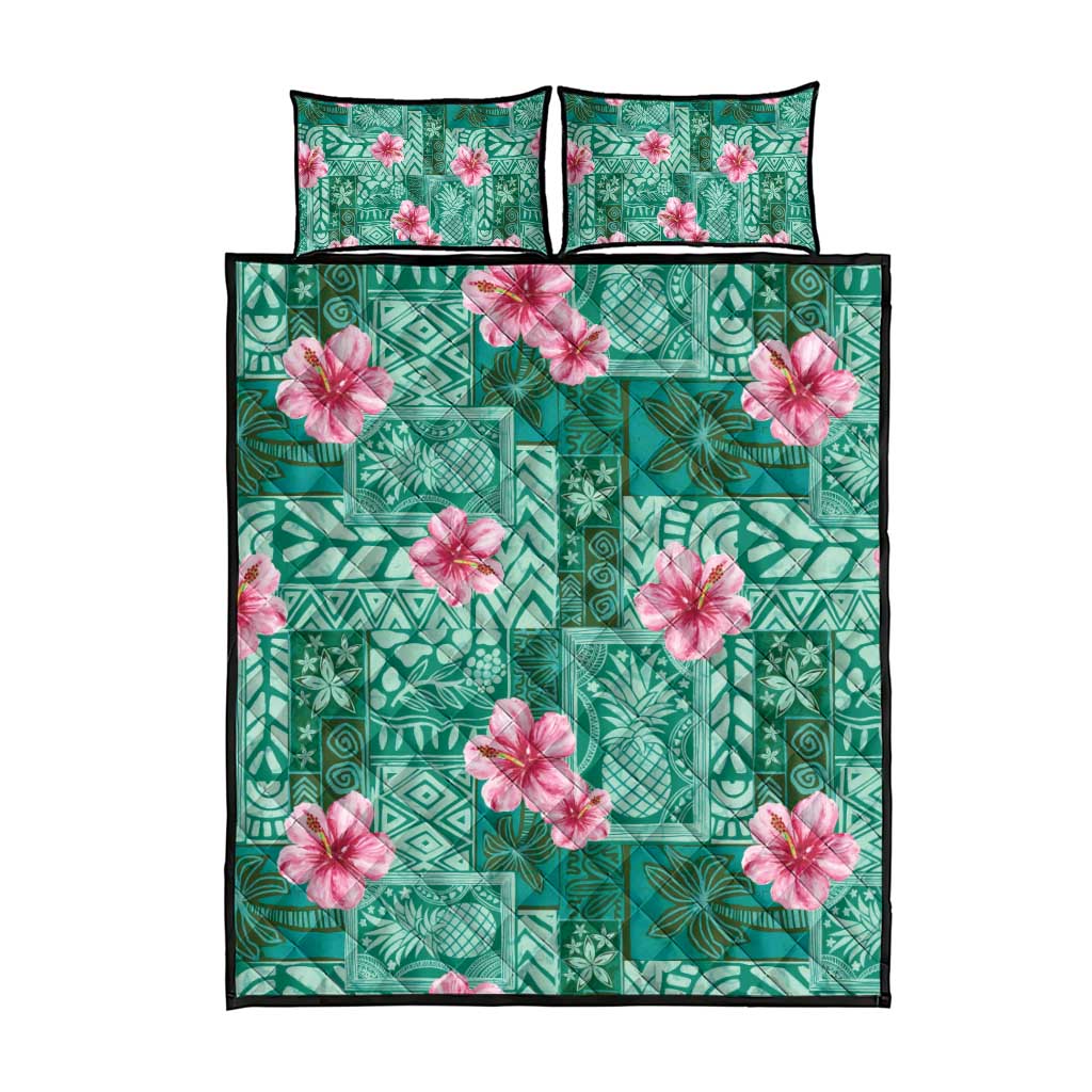 Cyan Hawaii Hibiscus With Tropical Flowers Motifs Quilt Bed Set - Polynesian Pride