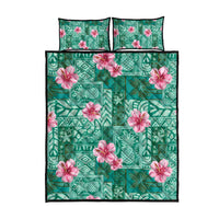 Cyan Hawaii Hibiscus With Tropical Flowers Motifs Quilt Bed Set - Polynesian Pride