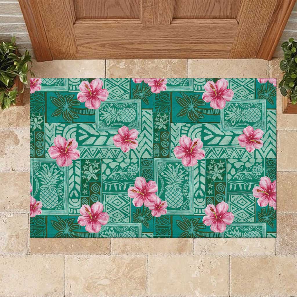 Cyan Hawaii Hibiscus With Tropical Flowers Motifs Rubber Doormat - Polynesian Pride
