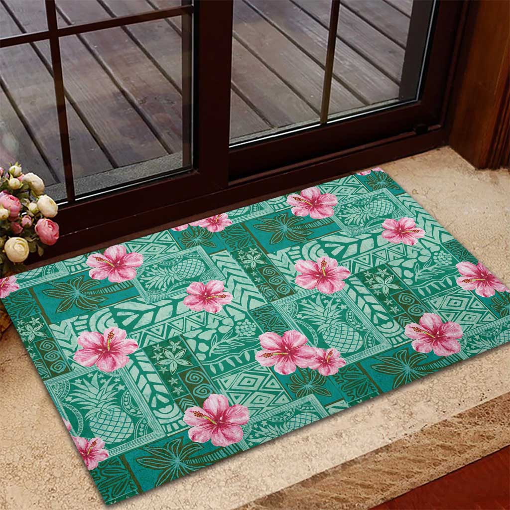 Cyan Hawaii Hibiscus With Tropical Flowers Motifs Rubber Doormat - Polynesian Pride