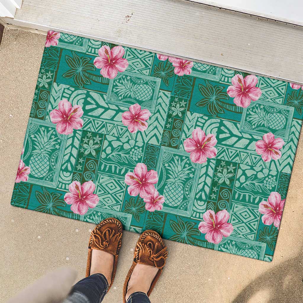 Cyan Hawaii Hibiscus With Tropical Flowers Motifs Rubber Doormat - Polynesian Pride