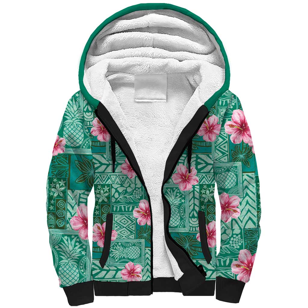 Cyan Hawaii Hibiscus With Tropical Flowers Motifs Sherpa Hoodie LT14 Unisex Cyan - Polynesian Pride