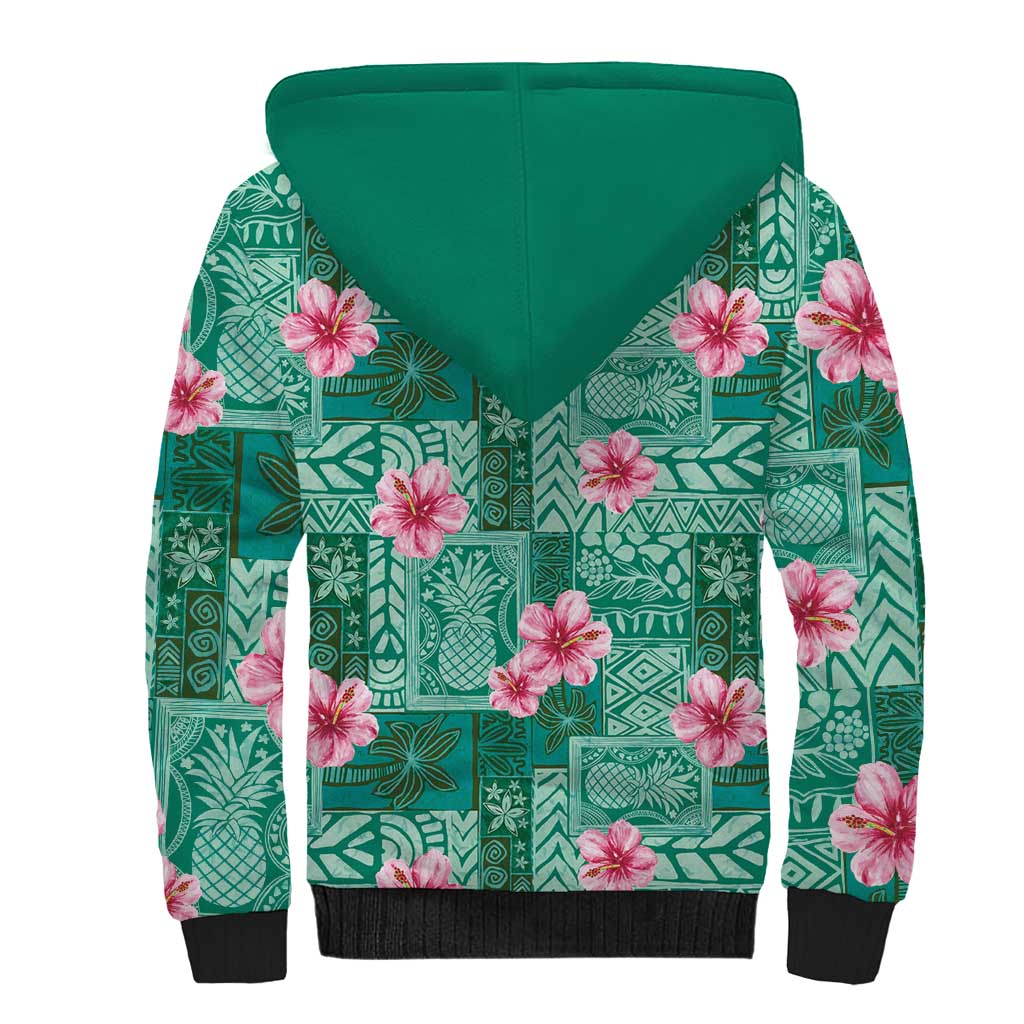 Cyan Hawaii Hibiscus With Tropical Flowers Motifs Sherpa Hoodie LT14 - Polynesian Pride