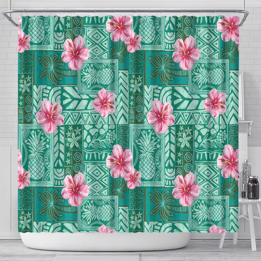 Cyan Hawaii Hibiscus With Tropical Flowers Motifs Shower Curtain - Polynesian Pride