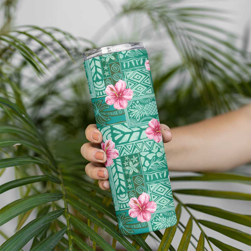 Cyan Hawaii Hibiscus With Tropical Flowers Motifs Skinny Tumbler - Polynesian Pride