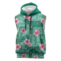 Cyan Hawaii Hibiscus With Tropical Flowers Motifs Sleeveless Hoodie - Polynesian Pride
