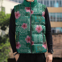 Cyan Hawaii Hibiscus With Tropical Flowers Motifs Sleeveless Puffer Jacket - Polynesian Pride