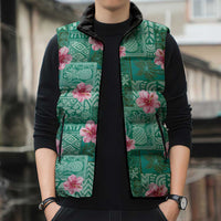 Cyan Hawaii Hibiscus With Tropical Flowers Motifs Sleeveless Puffer Jacket - Polynesian Pride