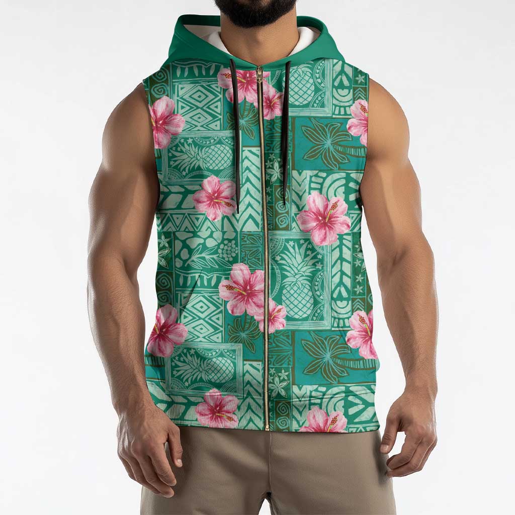 Cyan Hawaii Hibiscus With Tropical Flowers Motifs Sleeveless Zip Hoodie - Polynesian Pride