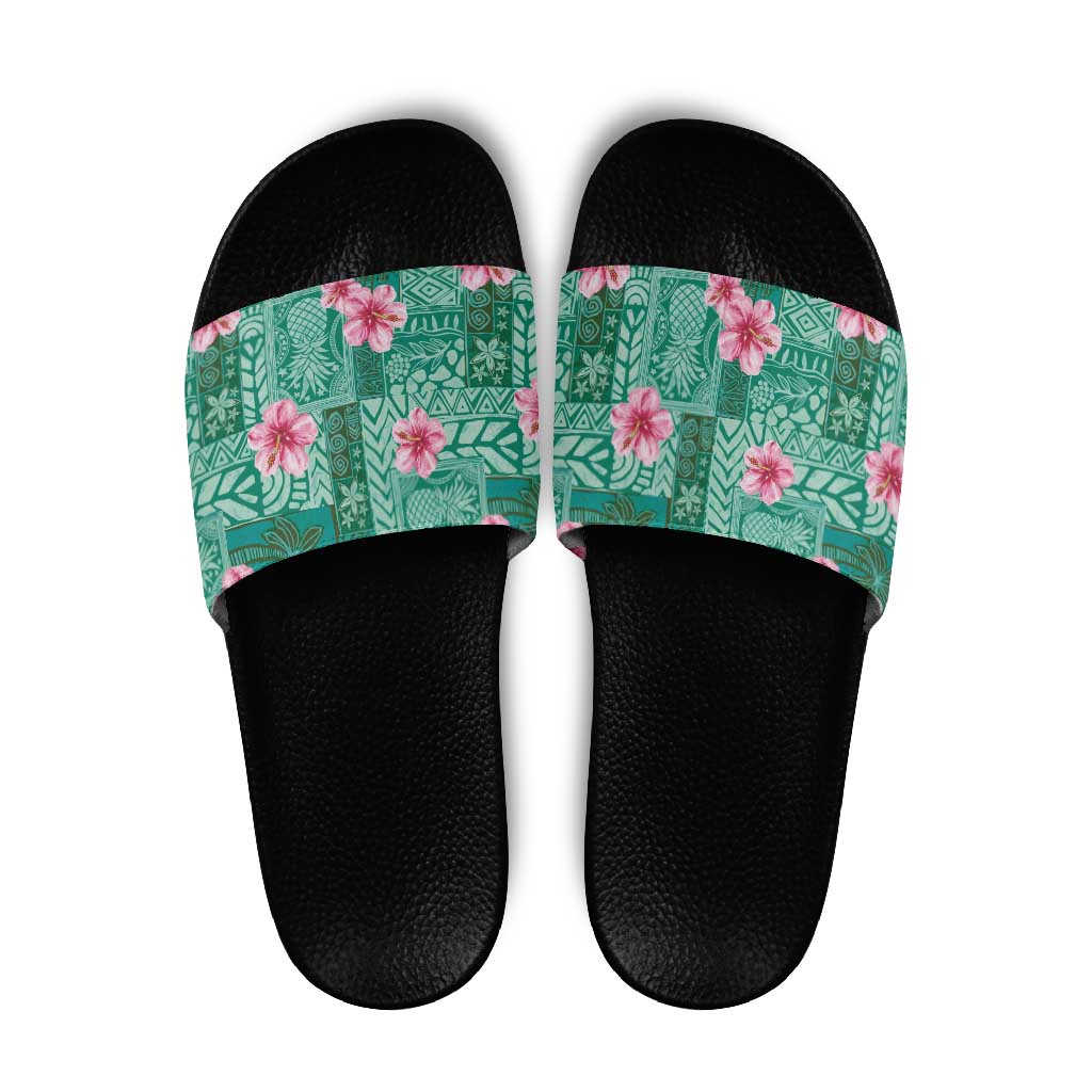 Cyan Hawaii Hibiscus With Tropical Flowers Motifs Slide Sandals - Polynesian Pride