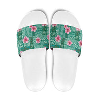 Cyan Hawaii Hibiscus With Tropical Flowers Motifs Slide Sandals - Polynesian Pride
