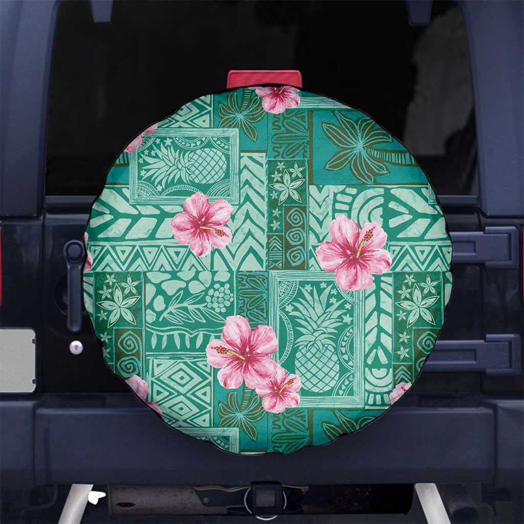 Cyan Hawaii Hibiscus With Tropical Flowers Motifs Spare Tire Cover - Polynesian Pride