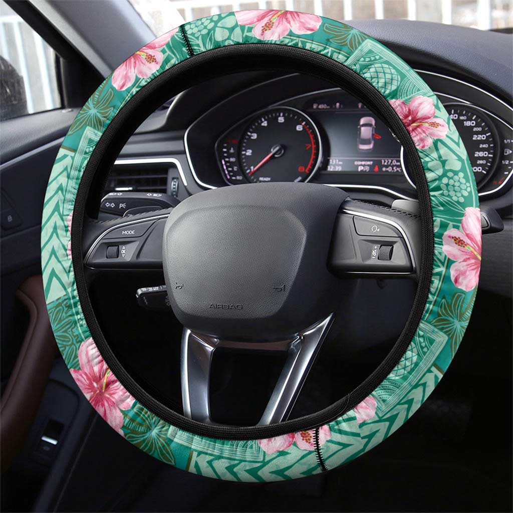 Cyan Hawaii Hibiscus With Tropical Flowers Motifs Steering Wheel Cover - Polynesian Pride
