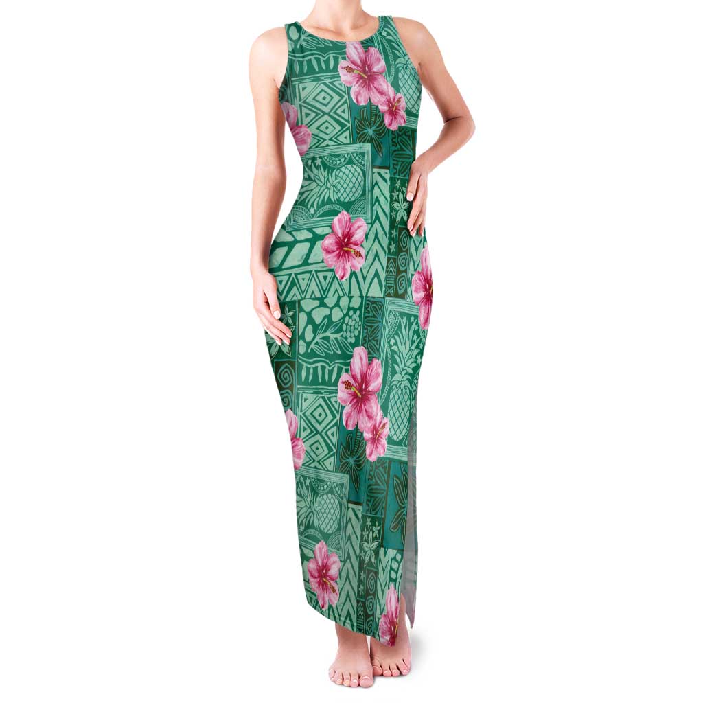 Cyan Hawaii Hibiscus With Tropical Flowers Motifs Tank Maxi Dress LT14 Women Cyan - Polynesian Pride