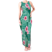 Cyan Hawaii Hibiscus With Tropical Flowers Motifs Tank Maxi Dress LT14 Women Cyan - Polynesian Pride
