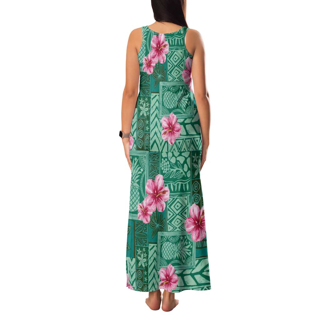 Cyan Hawaii Hibiscus With Tropical Flowers Motifs Tank Maxi Dress LT14 - Polynesian Pride