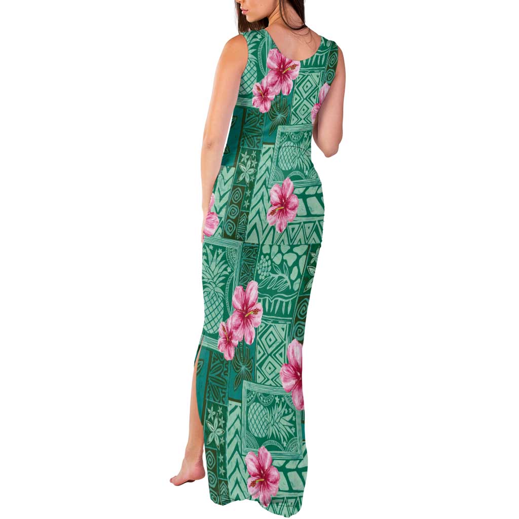 Cyan Hawaii Hibiscus With Tropical Flowers Motifs Tank Maxi Dress LT14 - Polynesian Pride