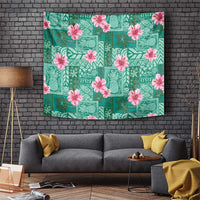Cyan Hawaii Hibiscus With Tropical Flowers Motifs Tapestry - Polynesian Pride