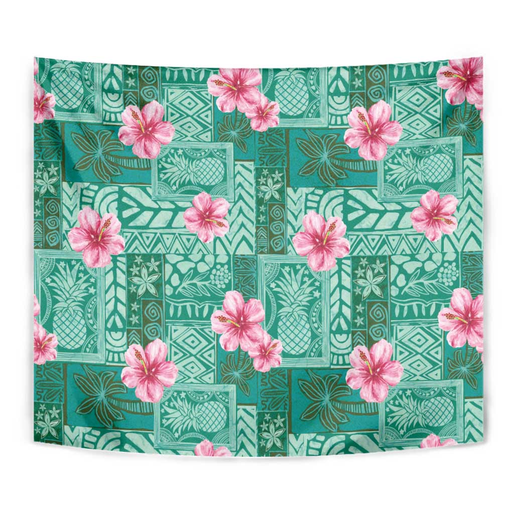 Cyan Hawaii Hibiscus With Tropical Flowers Motifs Tapestry - Polynesian Pride