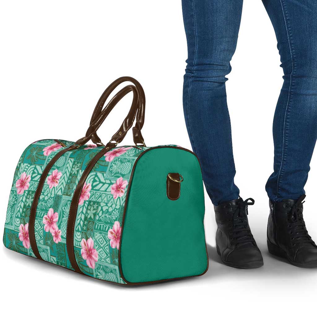 Cyan Hawaii Hibiscus With Tropical Flowers Motifs Travel Bag - Polynesian Pride