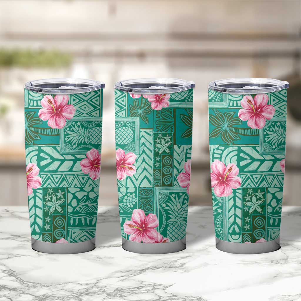 Cyan Hawaii Hibiscus With Tropical Flowers Motifs Tumbler Cup - Polynesian Pride