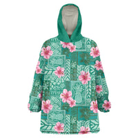 Cyan Hawaii Hibiscus With Tropical Flowers Motifs Wearable Blanket Hoodie - Polynesian Pride
