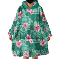Cyan Hawaii Hibiscus With Tropical Flowers Motifs Wearable Blanket Hoodie - Polynesian Pride