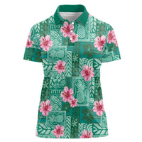 Cyan Hawaii Hibiscus With Tropical Flowers Motifs Women Polo Shirt - Polynesian Pride