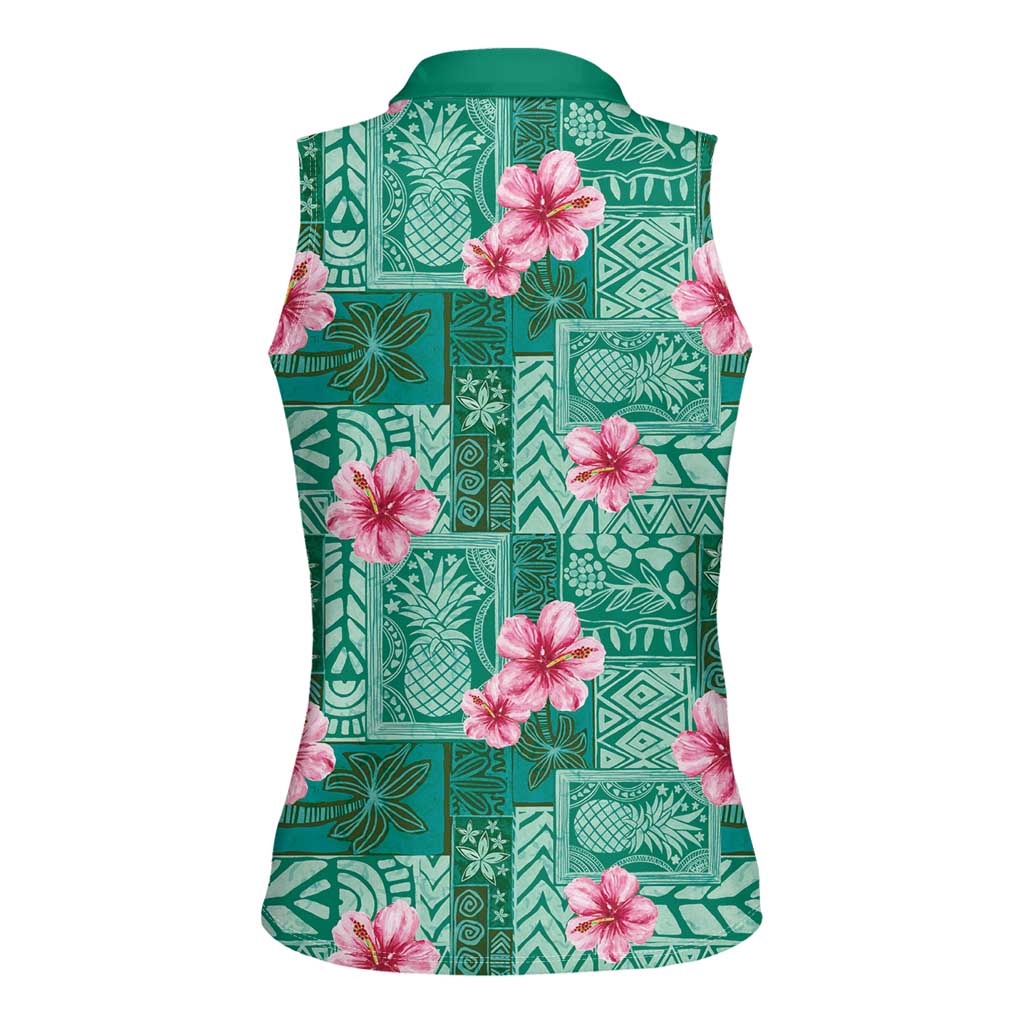 Cyan Hawaii Hibiscus With Tropical Flowers Motifs Women Sleeveless Polo Shirt - Polynesian Pride