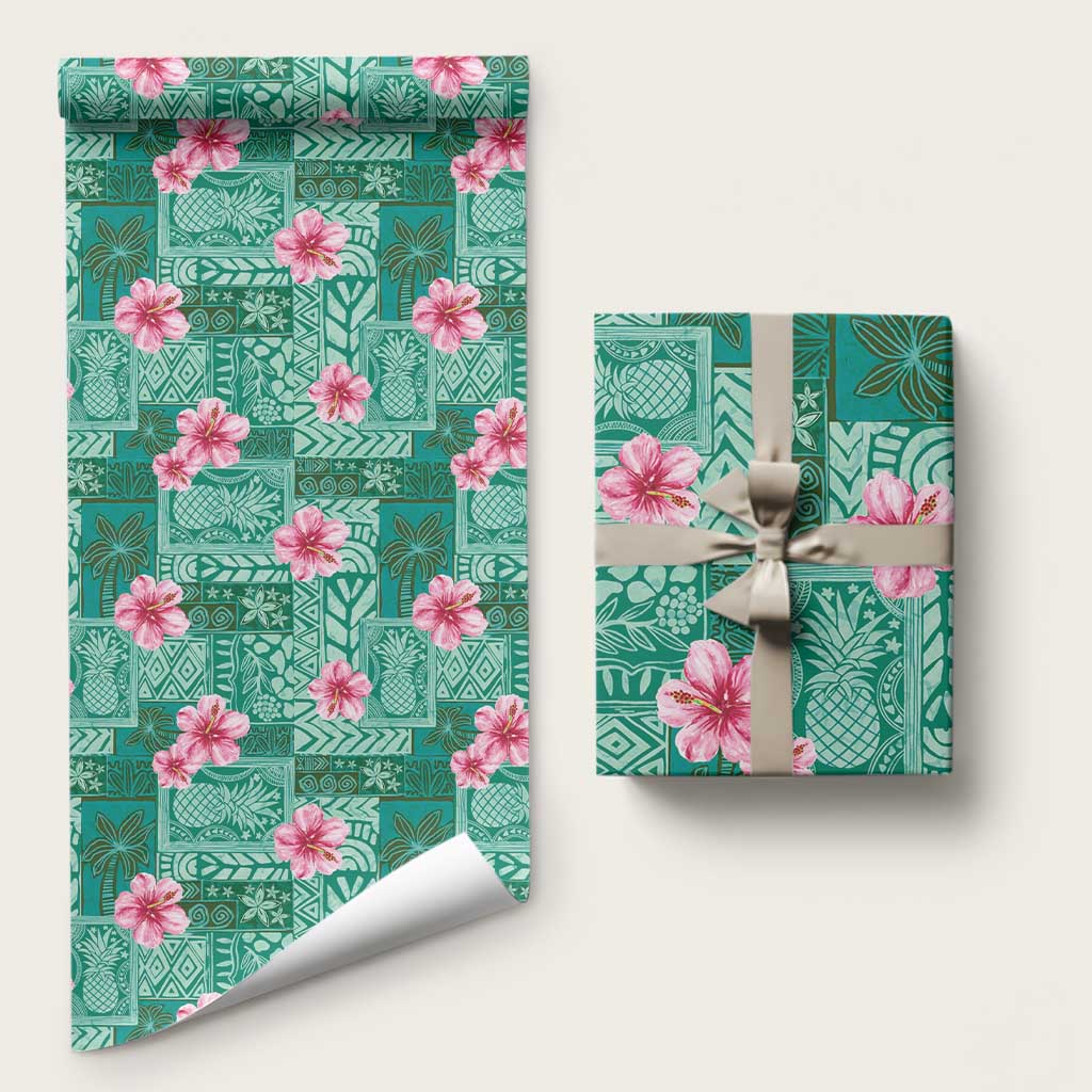 Cyan Hawaii Hibiscus With Tropical Flowers Motifs Wrapping Paper - Polynesian Pride