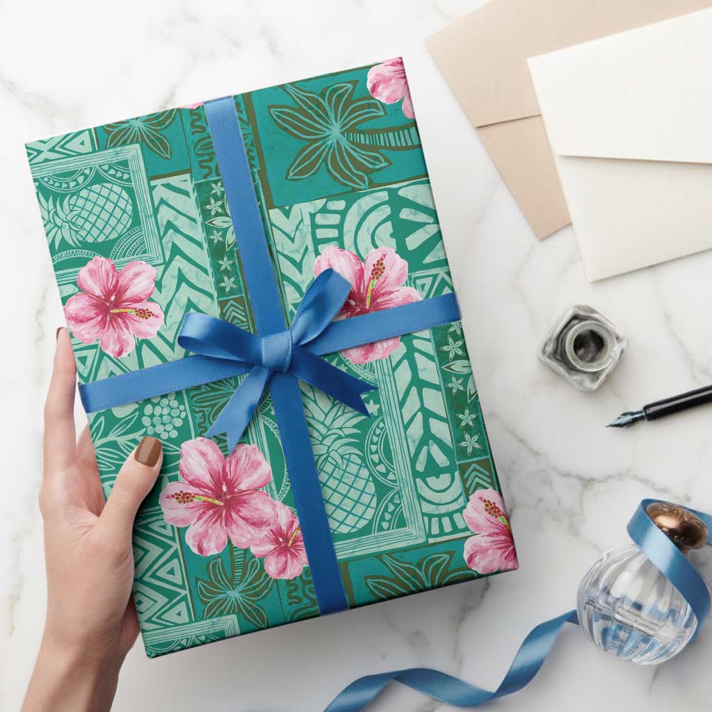 Cyan Hawaii Hibiscus With Tropical Flowers Motifs Wrapping Paper - Polynesian Pride