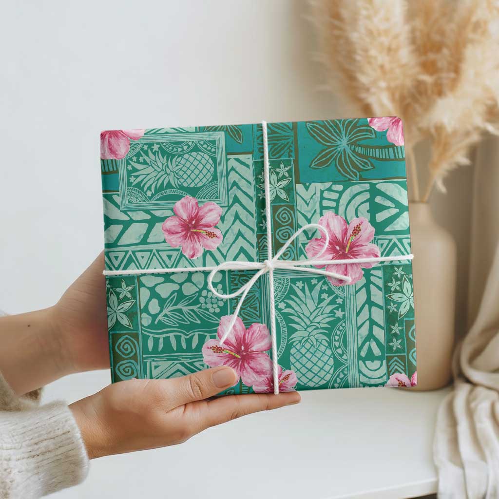 Cyan Hawaii Hibiscus With Tropical Flowers Motifs Wrapping Paper - Polynesian Pride